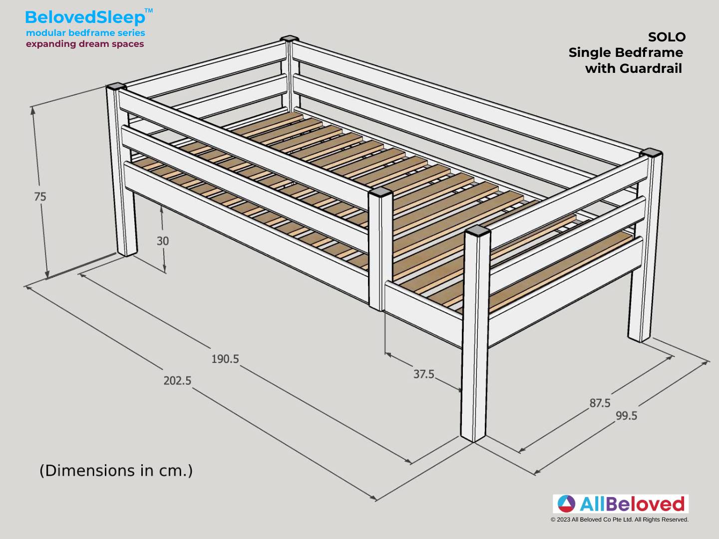 single bed frame with guardrail dimensions - solo